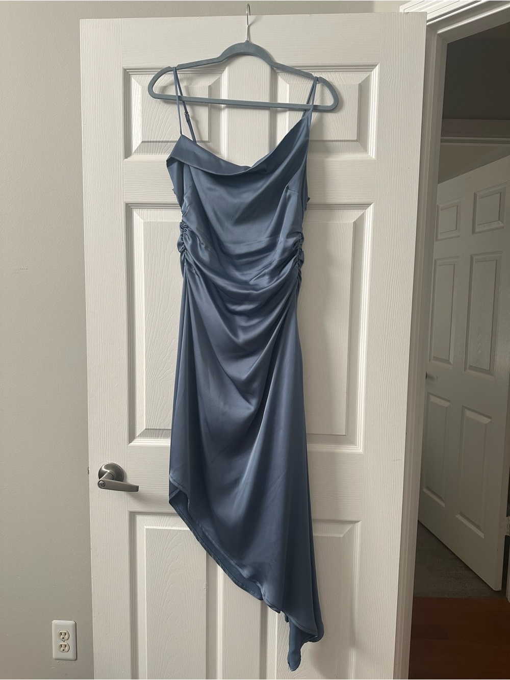 Satin Asymmetrical Slip Dress in Slate Blue